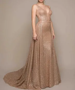 Новые блестки из шампанского Длинные выпускные платья в Дубае 2024 V Вырез Вечернее вечернее платье без рукавов Vestidos Robe De Soiree
