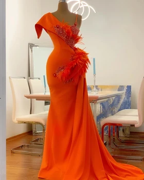 Оранжевый Платья Haute Couture Prom Русалка с плечами Жемчуг Саудовская Аравия Дубай Халат De Soiree Вечернее платье Платье