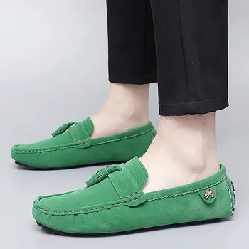 Размер 35-48 Весенняя мода Зеленые лоферы для мужчин Замшевые слипоны Мужская повседневная кожаная обувь Плоская удобная пара Обувь мокасины