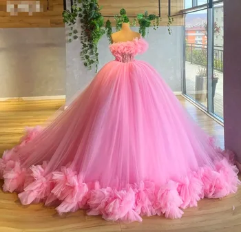 Розовая принцесса Quinceanera Платья Рукава Аппликации Без бретелек Sweet 15 Платье Выпускной Конкурс Платья Vestidos Цветочные бальные платья