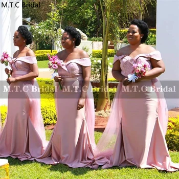 Розовые платья подружек невесты русалки съемный шлейф с плеча шикарные бусы длинные свадебные платья для черных женщин оптом