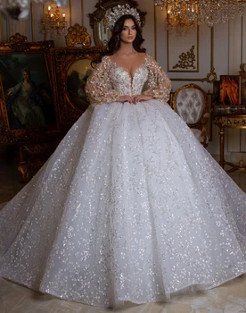 Роскошное бальное платье Иллюзия Пышные Длинные рукава Свадебные платья 2023 Блестящие аппликации Женщины Платья невесты Vestidos De Noiva
