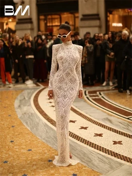 Роскошное бисерное свадебное платье с длинным рукавом с высоким воротником вышивка труба невеста платья женщины выпускной вечер без спины