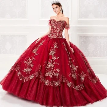 Роскошное красное длинное платье из тюля с открытыми плечами Quinceanera فساتين الحفلاتс кружевными аппликациями Вечерние платья для женщин