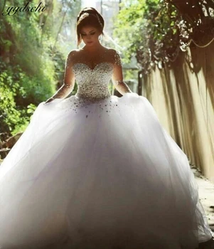 Роскошные свадебные платья А-силуэта для невесты 2024 Свадебное платье Элегантное свадебное платье с длинными рукавами Бисероплетение Кристалл Vestidos De Novia
