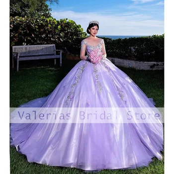 Роскошные фиолетовые платья Quinceanera Бальные платья Аппликации Бусины Длинные рукава День рождения Выпускное платье Vestidos De 15 Custom Made