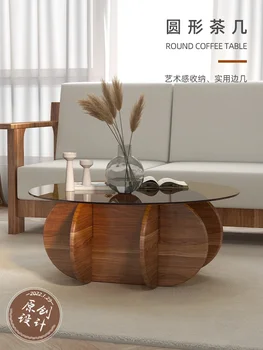 Роскошный стеклянный журнальный столик, современный, простой малогабаритный салон, круглая гостиная из массива дерева, домашний креативный дизайн, диван, приставные столики