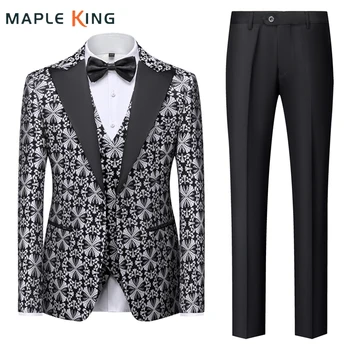 Роскошный цветочный мужской жаккардовый смокинг костюм костюм Homme 3 шт. Mariage Blazer + Жилет + Брюки Мужчины Формальное платье для вечеринок Социальные куртки