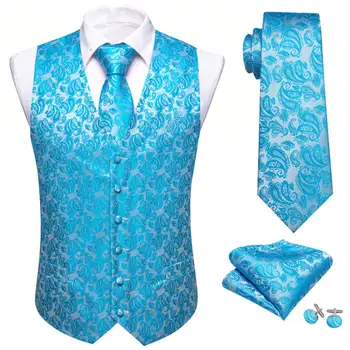 Роскошный шелковый жилет для мужчин Сине-зеленый бирюзовый голубой пейсли цветок жилет галстук комплект свадебная вечеринка безрукавка Barry Wang