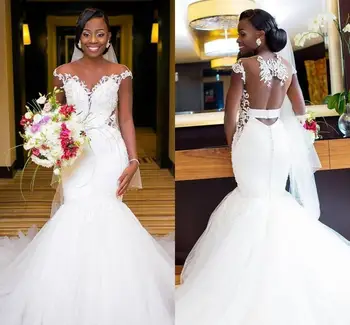 Сексуальные африканские свадебные платья русалки Jewel Illusion Аппликация с открытой спиной Кружевное свадебное платье Большие размеры Robe De Mariage