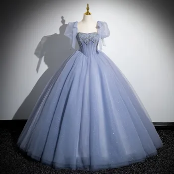 Синий Принцесса Quinceanera Платья Классическое бальное платье до пола с открытыми плечами Новое элегантное пышное платье Sukienka Balowa