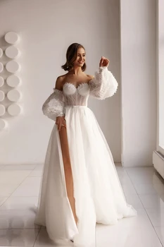 Современная мода Свадебные платья с открытыми плечами Халаты с длинными рукавами-фонариками Тюль Сексуальное платье с разрезом сбоку 2024 Vestidos De Novia 2023