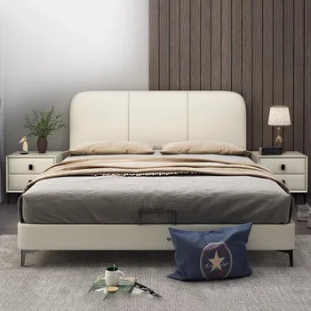 Спальни Современная двуспальная кровать King Size Мастер Мягкая Скандинавская двуспальная кровать Белый Натуральная кожа Camas Мебель для супружеской комнаты