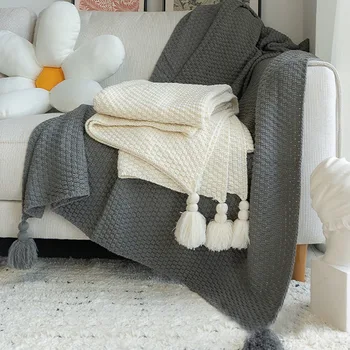  теплый трикотажный одеял с кисточкой однотонный чехол для дивана северный декор одеяло для кровати портативная дышащая шаль