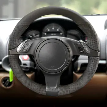 Тесьма на рулевом колесе для Porsche Cayenne Panamera 2010 2011 2012 Автомобильный руль Ручная прошивка Черный кожаный чехол