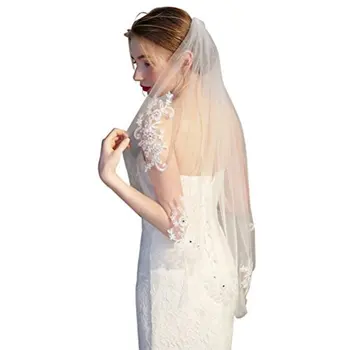 Фата невесты Короткие свадебные покрывала с кружевными аппликациями и элегантным хрустальным бисером 2024