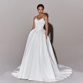 Элегантное бальное платье с карманами Спагетти на бретелях Атласные свадебные платья Свадебное платье без рукавов с V-образным вырезом для женщин с костью