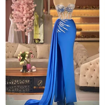 Элегантное синее атласное роскошное вечернее платье 2023 без бретелек блестящие пайетки бисером мода вечернее платье с боковым разрезом пол вечеринка vestidos