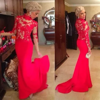 Элегантные длинные платья с высоким воротником выпускные платья аппликация русалка шифон с длинными рукавами красный вечернее платье 2014 новое поступление вечерние платья