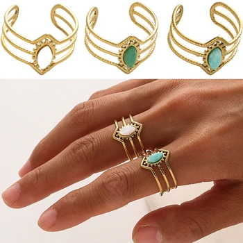  Эстетичные бирюзовые кольца на пальцах из нержавеющей стали для женщин Винтажные кольца для открытия из опалового синего натурального камня Многослойное полое кольцо