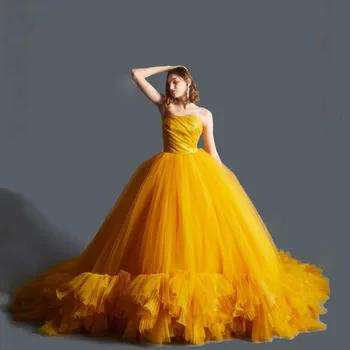 Ярко-желтое свадебное платье без бретелек вечерние платья со шлейфом пышная баска платье тюль бальное платье свадебное платье для женщин